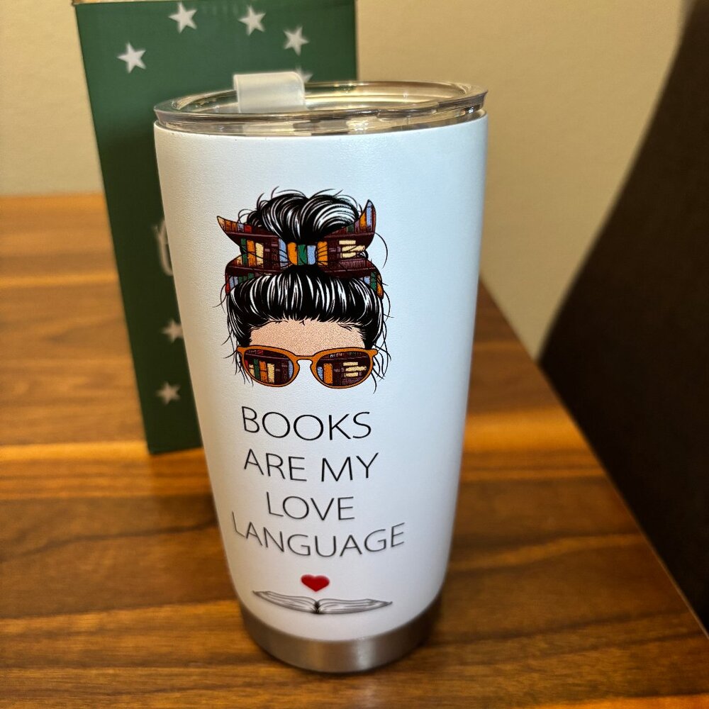 NWOT Booklover's Travel Cup, with flip-top lid, and opening for straw